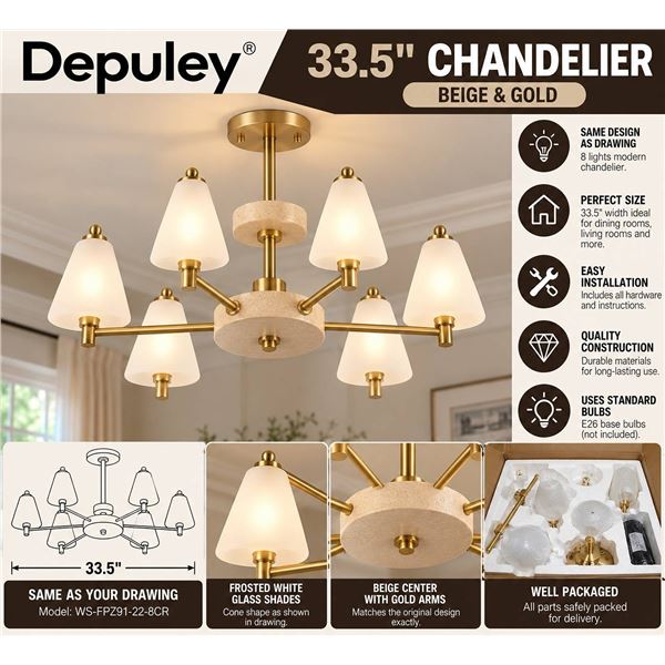 Depuley Beige 33.5" Chandelier WS-FPZ91-22-8CR **Stock image may vary**