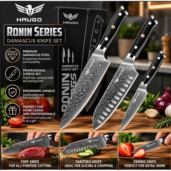 Haugo Ronin Series Damascus Knife 3 Pc Set