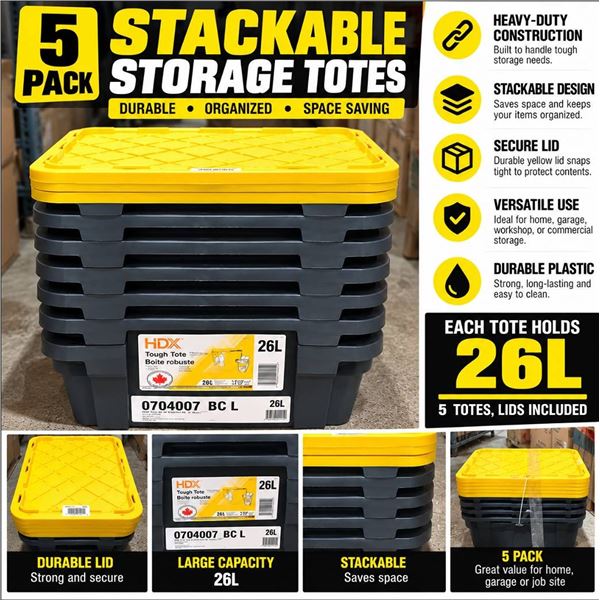 HDX 26L Storage Totes, 5 Pack With Lids
