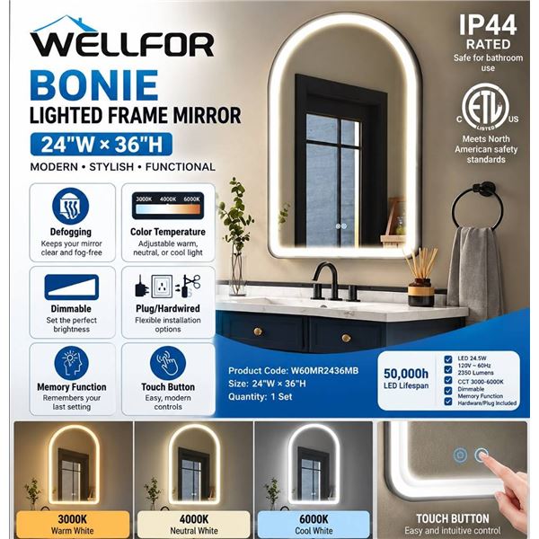 WELLFOR Bonie 24x36 Lighted Frame Mirror