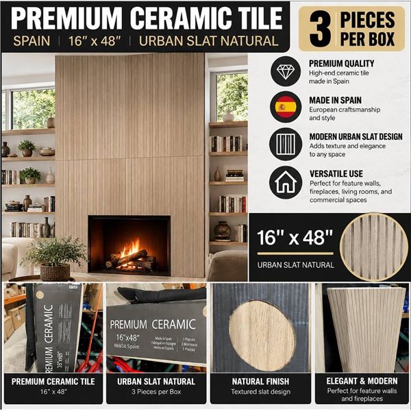 Premium Ceramic Tile Spain 16"x48" 3 Pieces Urban Slat Natural