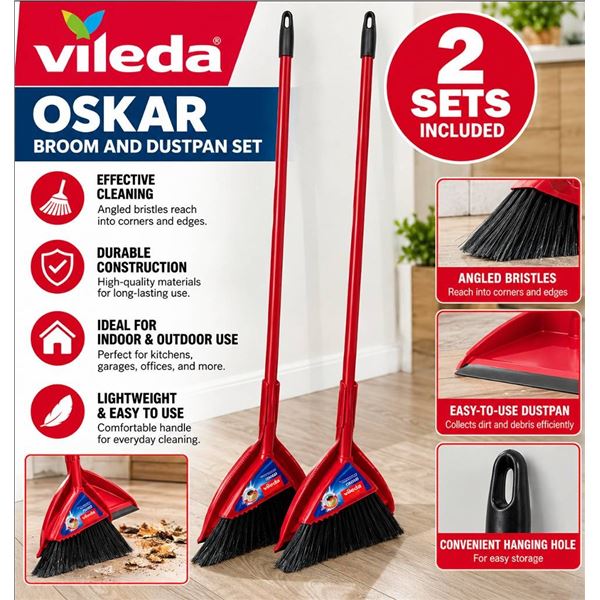 Lot of 2 Vileda Oskar Broom and Dustpan Sets