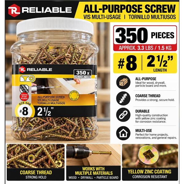 Reliable #8 2.5" All-Purpose Screws, 350 pcs