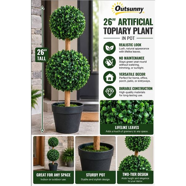 Outsunny 26" Artificial Topiary Plant in Pot