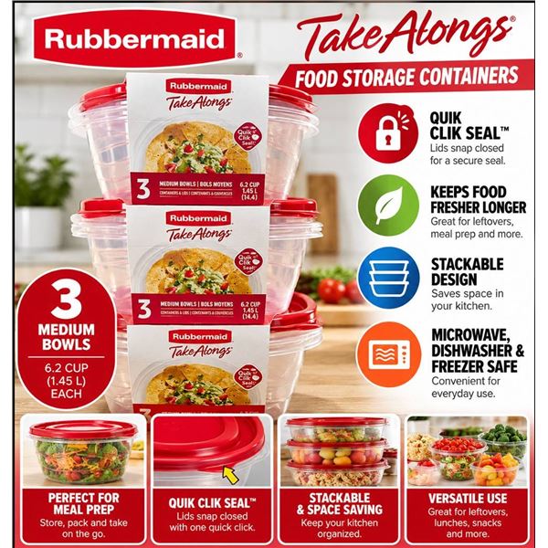 Rubbermaid TakeAlongs 6.2 Cup Medium Bowls, 9 Pc