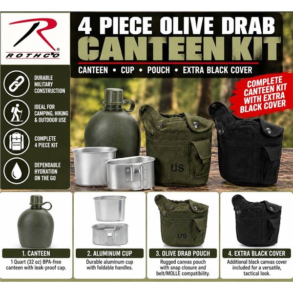 Rothco 4 Piece Olive Drab Canteen Kit, Pouch With Extra Black Cover