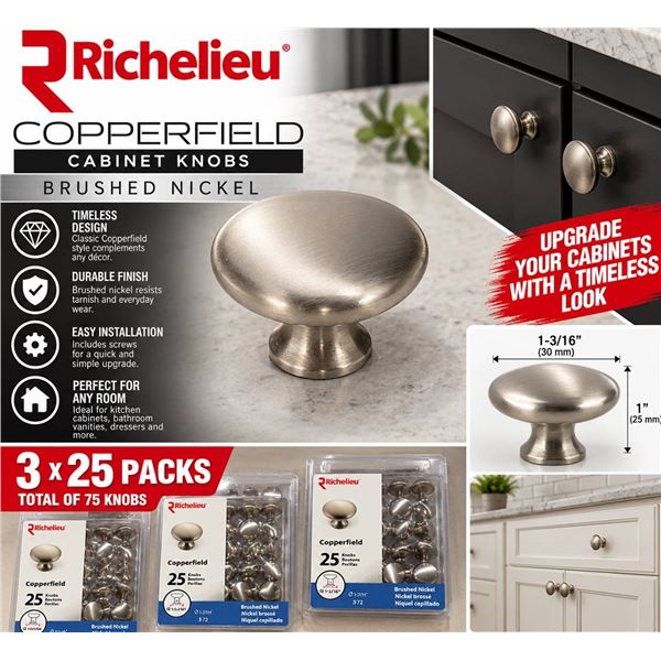 Richelieu Copperfield Brushed Nickel Knobs, 3x25