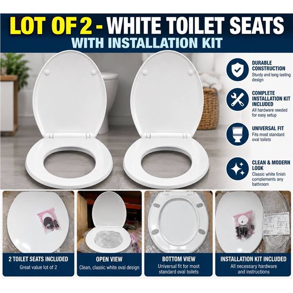 Lot of 2 - White Toilet Seat With Installation Kit