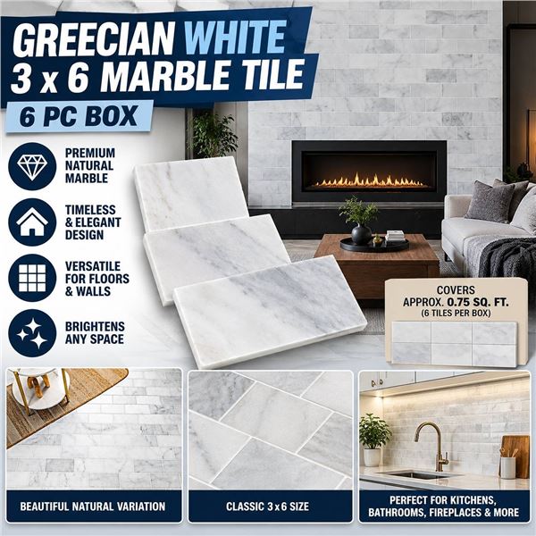 Greecian White 3"x6" Marble Tile, 6 Boxes each containing 8 Tiles (48 Tiles in lot total)
