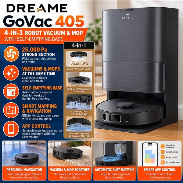 Dreame GoVac 405 Robot Vacuum 4-in-1 System