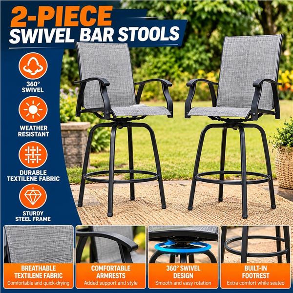 Nuu Garden Set of 2 Swivel Bar Stools in Iron and Textilene for Outdoor Use with High Backrest Model