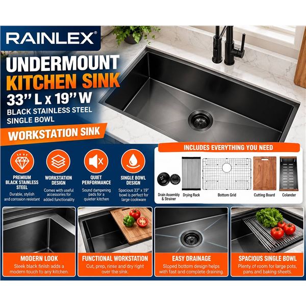 RAINLEX Undermount 33 L x 19-in W Black Single Bowl Stainless Steel Kitchen Sink w/ Workstation