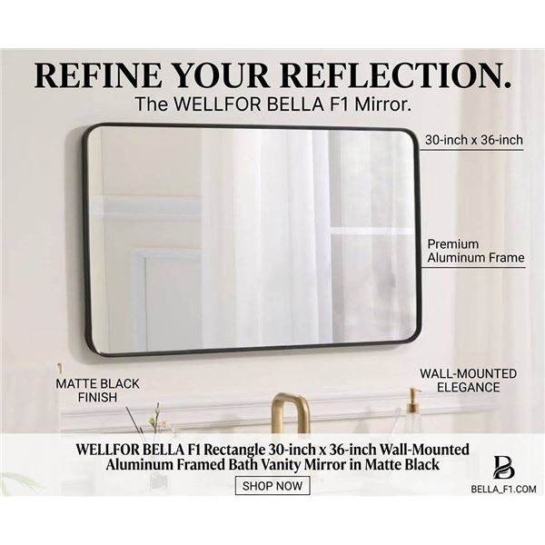 WELLFOR BELLA F1 Rectangle 30-inch x 36-inch Wall-Mounted Aluminum Framed Bath Vanity Mirror in Matt