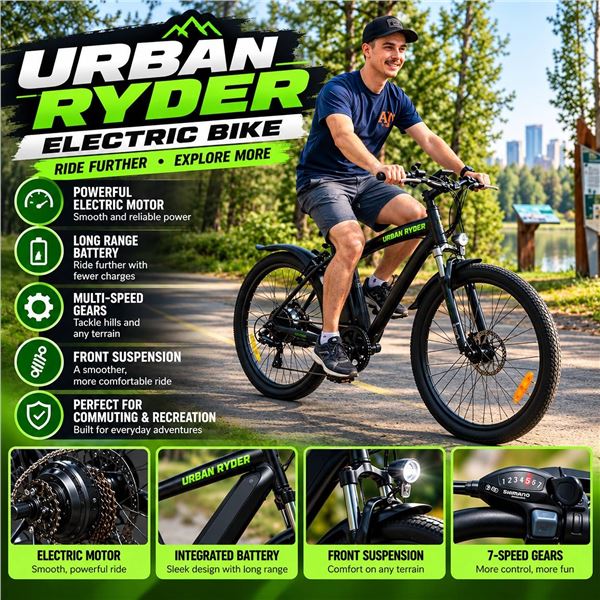 Urban Ryder Electric Bicycle, Black, URMEN12