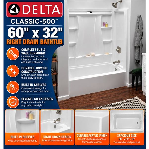 Delta Classic 500 60x32 Right Drain Bathtub