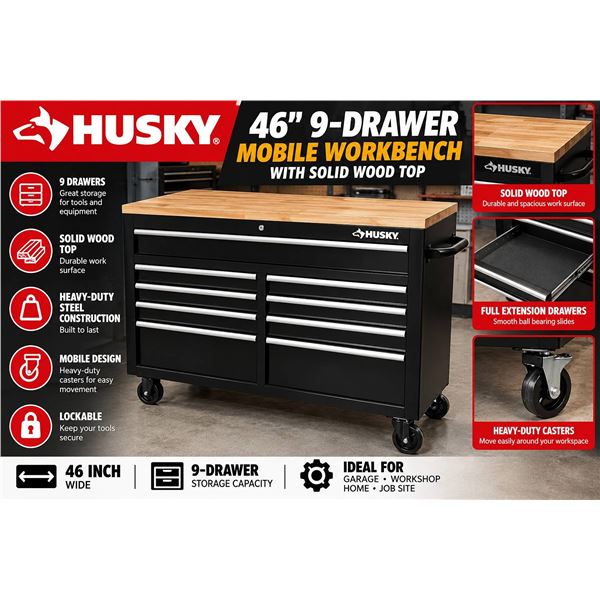 Husky 46 in 9-Drawer Mobile Workbench Wood Top