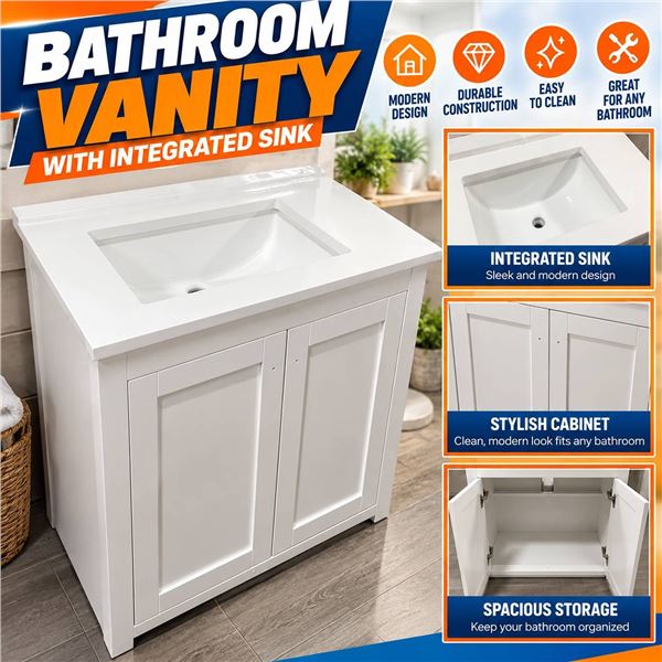 White Bathroom Vanity With Sink 30x22x37 in