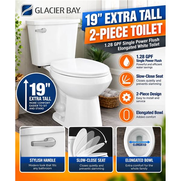 Glacier Bay 19-inch Extra Tall 2-Piece 1.28 GPF Single Power Flush Elongated White Toilet with Slow-