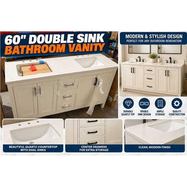 Double Sink White Bathroom Vanity 60x20x39in