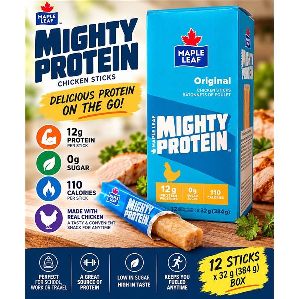 Maple Leaf Mighty Protein Chicken Sticks 4 x 384g. (12x32g)