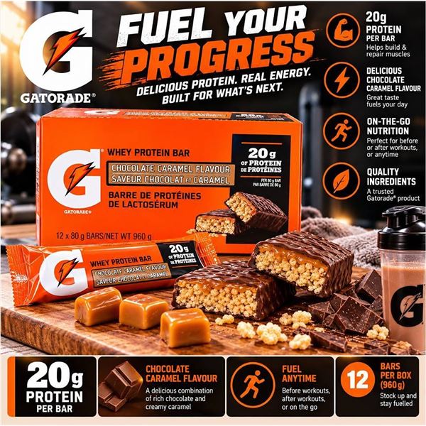 Gatorade Whey Protein Bars 12 Pack Chocolate Caramel x 80g