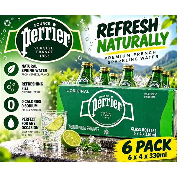 Perrier Glass Bottles Sparkling Water 6 Pack of 4 x 330ml