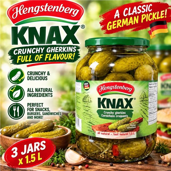 Lot of 3 Hengstenberg KNAX Gherkins 1.5L Jars