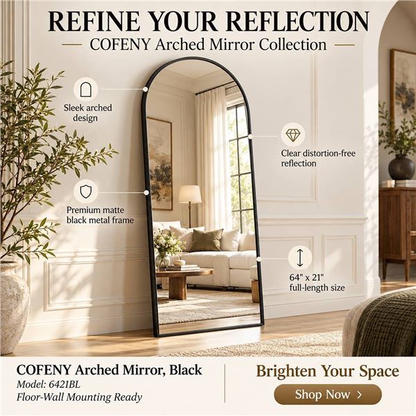 COFENY Full Length Mirror, 64" x 21" Arched Mirror Full Length Black Floor Wall Mirror