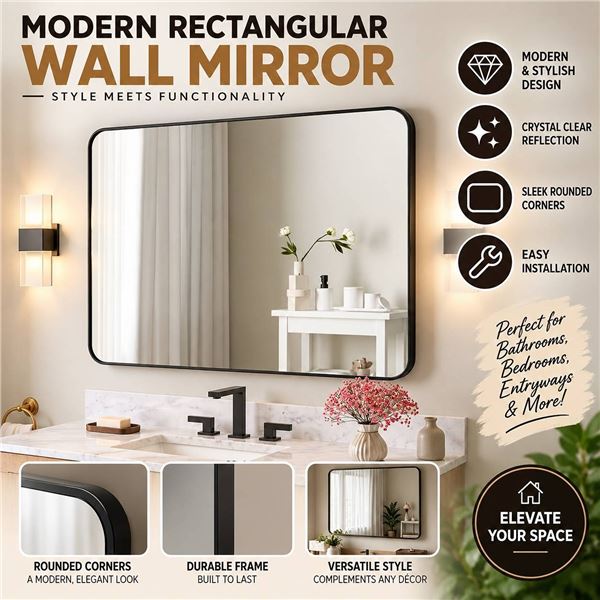 WELLFOR BELLA F1 Rectangle 40-inch x 32-inch Wall-Mounted Aluminum Framed Bath Vanity Mirror in Matt