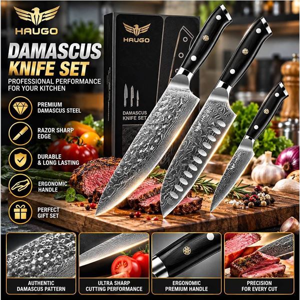 Haugo Ronin Series 3pc Damascus Knife Set