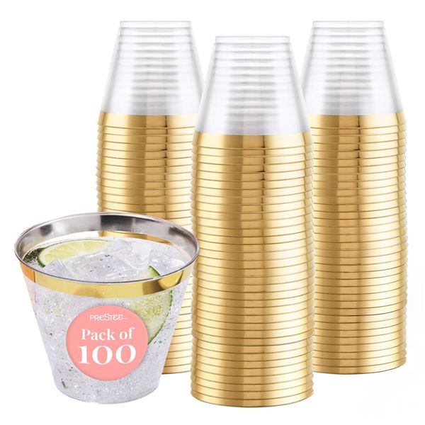 Prestee 100 Gold Plastic Cups 9oz Lot of 4