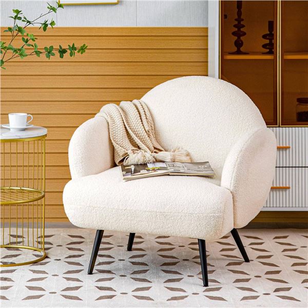 White Sherpa Accent Chair With Black Metal Legs