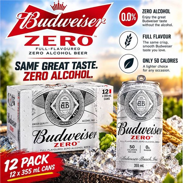 Budweiser Zero 12 x 355 mL Cans 0.0% ABV