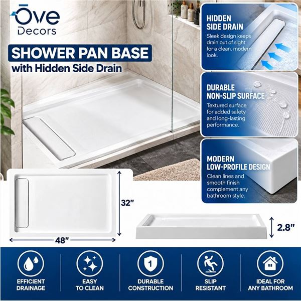 OVE 48x32 in White Shower Base Hidden Drain