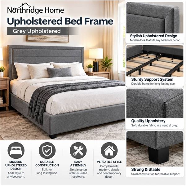 Northridge Home Bed Frame Grey Upholstered