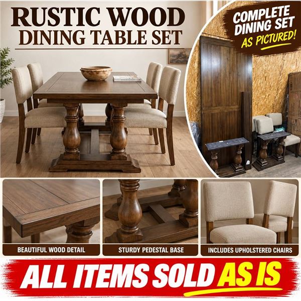 Wood Dining Table Base, Top, and 4 Chairs