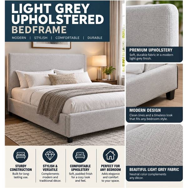 Light Grey Queen Upholstered Bedframe