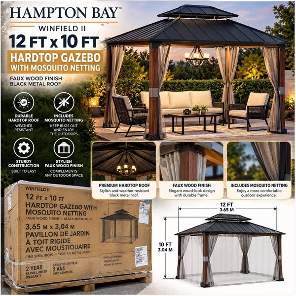 Hampton Bay 12x10 Ft WINFIELD Hardtop Gazebo Black Roof