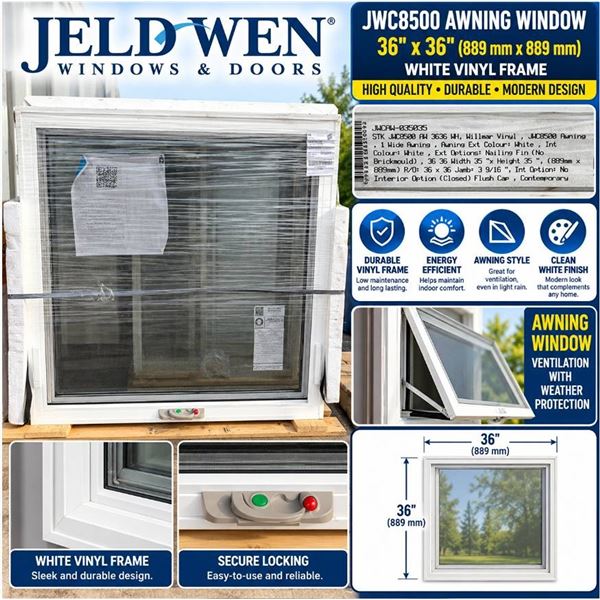Dual Pane Vinyl Awning Window, White, 36x36 in