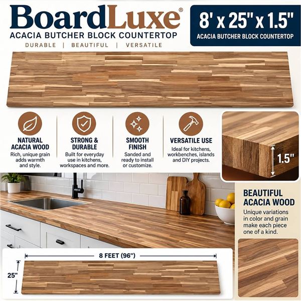 BoardLuxe Acacia Butcher Block Countertop 8'x25"x1.5"