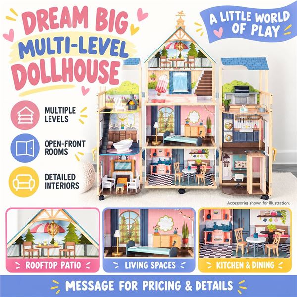 Wooden Dollhouse With Balcony And Furniture