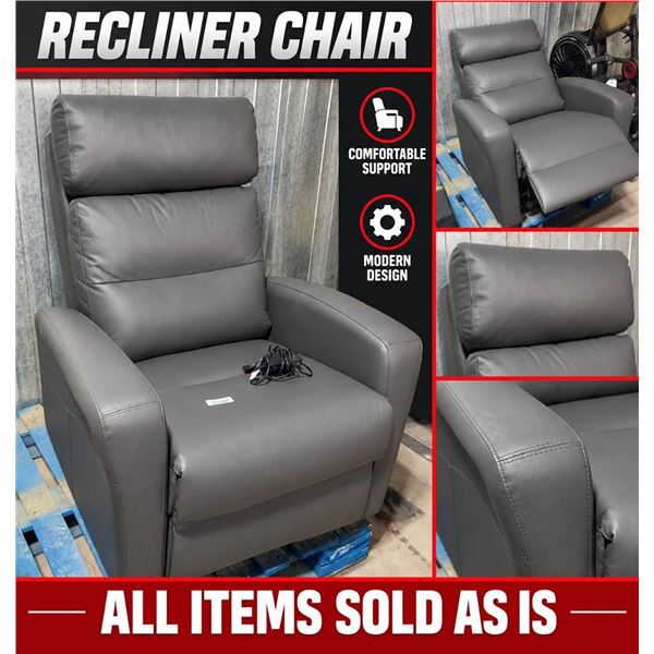 Grey Power Recliner Chair, Faux Leather