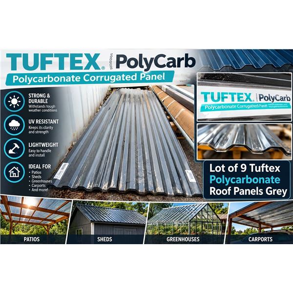 Lot of 9 Tuftex Polycarbonate Roof Panels Grey