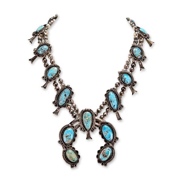 Southwestern Turquoise and Sterling Silver Squash Blossom Necklace