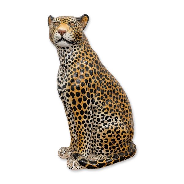 Italian Glazed Ceramic Seated Leopard Sculpture