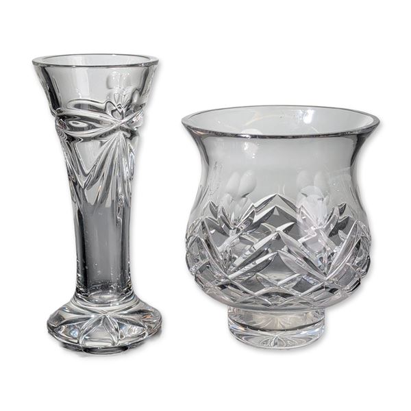 Two Waterford Crystal With Love Hurricane Lamp and Millennium Love Heart Bud Vase