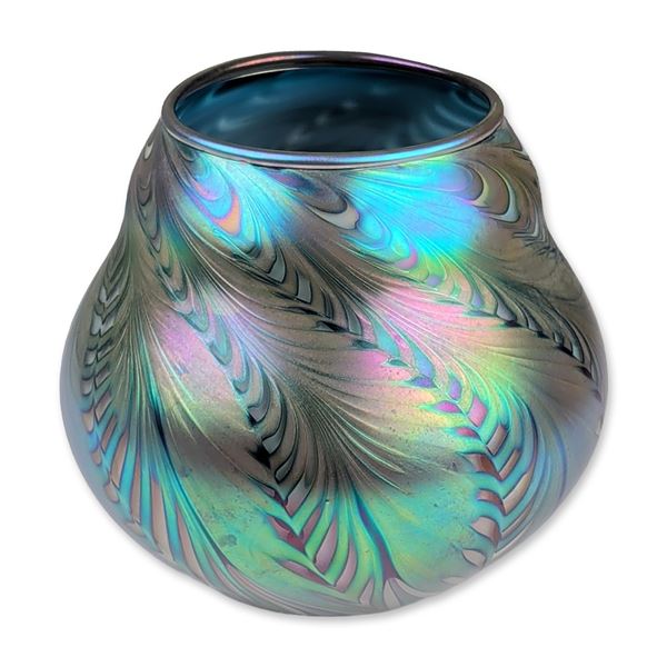 Charles Lotton Iridescent Studio Glass Pulled Feather Vase