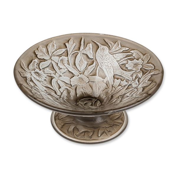 Frosted Smokey Brown Art Glass Hummingbird Pedestal Bowl