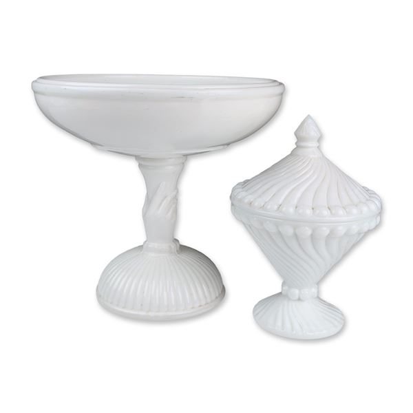 Two Opaque Milk Glass Pedestal Serving Dishes