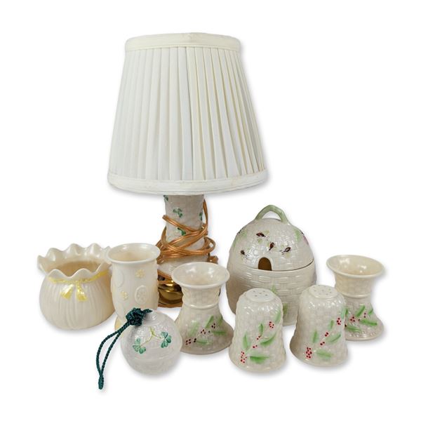 9pc Belleek Pottery Irish Parian Porcelain Lighting & Tableware Assortment